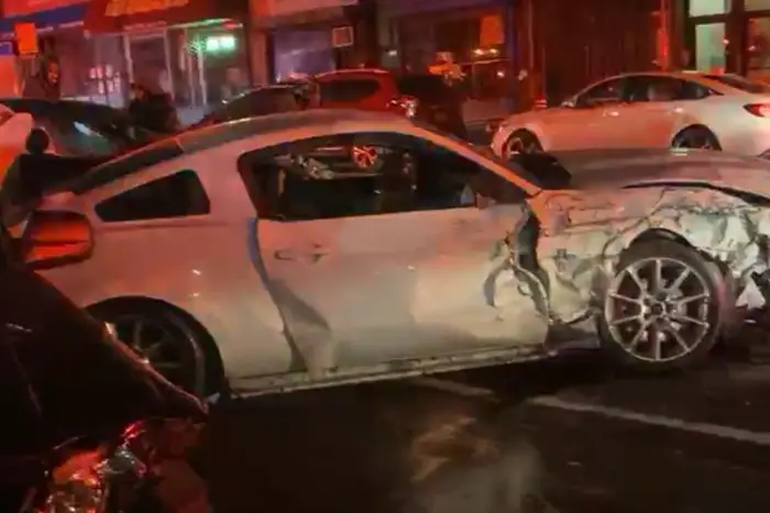 A screengrab from Citizen shows the extent of the damage from the crash, with smashed vehicles littering the street at the intersection of Fifth Ave and Fifth Street in Park Slope